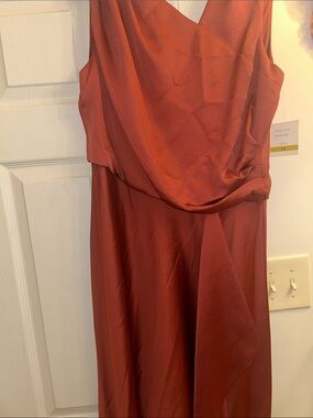 Satin-Effect Rust Midi Dress with Draped V-Neck